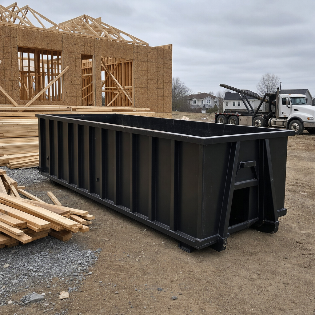 Matte-black 40-yard roll-off dumpster staged on a framed-out residential construction site in Greenville, framing lumber stacked nearby, hooklift delivery truck visible in the background under bright Colorado daylight