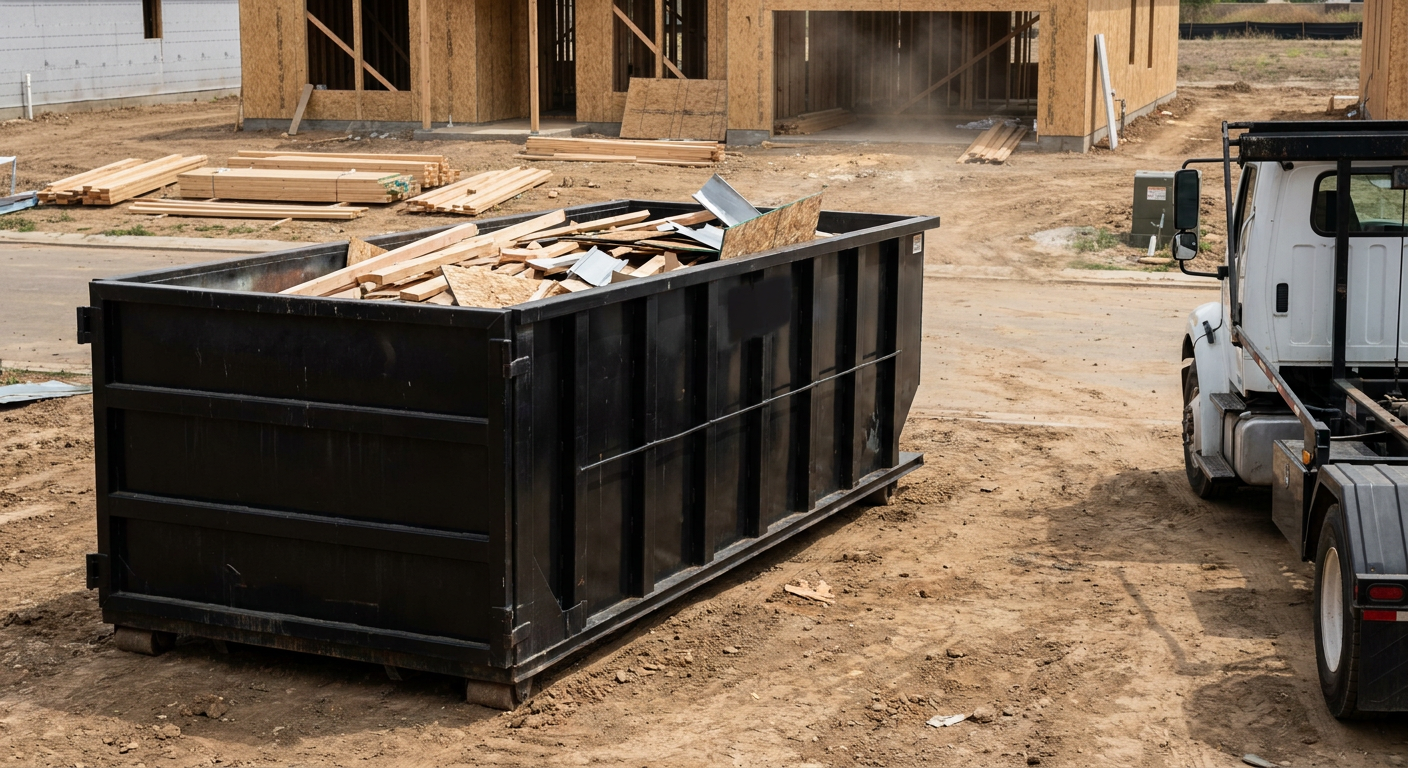 Matte-black 20-yard roll-off construction dumpster with heavy ribbed steel sidewalls and swing rear doors at a working jobsite in Greenville, sitting directly on compacted dirt with an unmarked white hauler partially visible at the far edge of the frame.