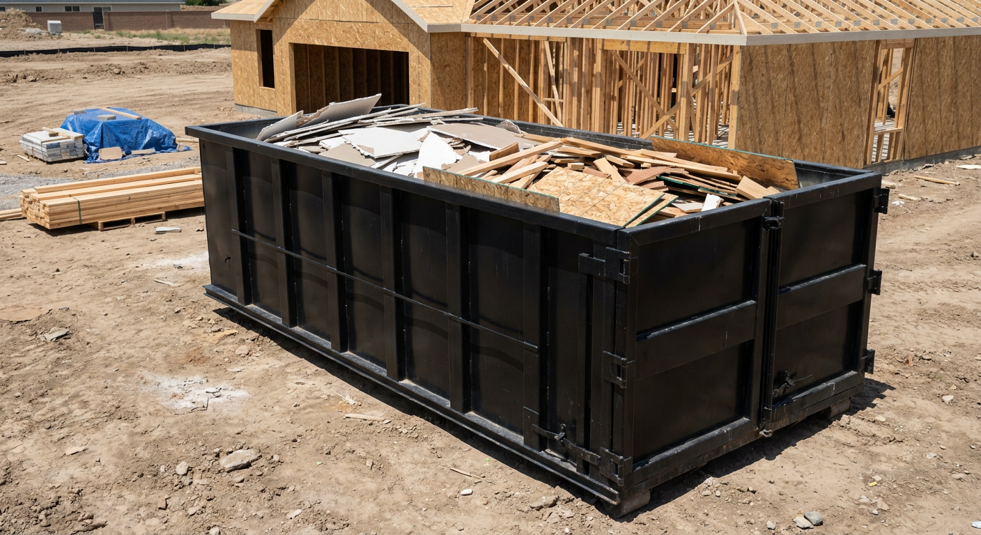 Matte-black 30-yard roll-off construction dumpster sitting directly on the compacted-dirt site of a framed single-family home build in Greenville, drywall and lumber scrap loaded inside.