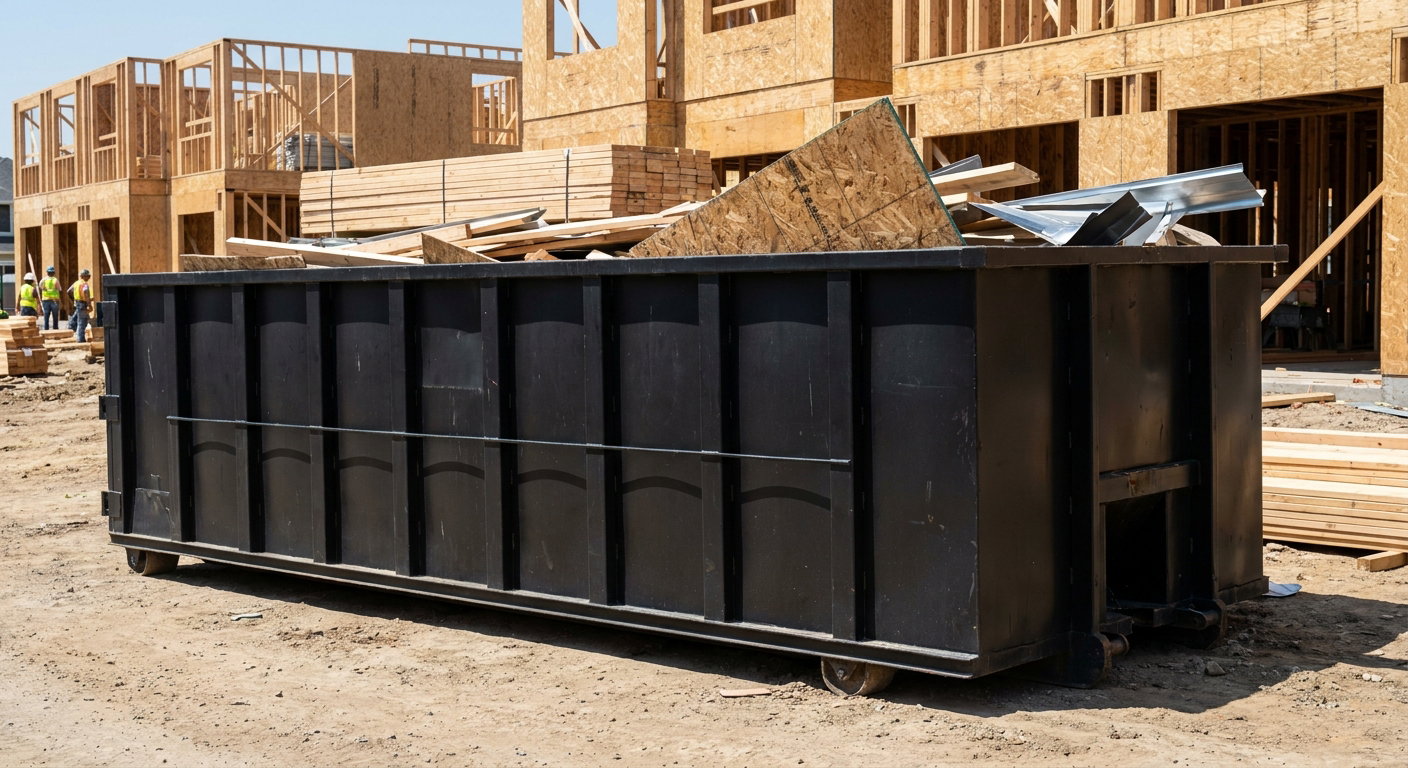 Matte-black 40-yard roll-off construction dumpster being lowered from a white-cab hooklift delivery truck onto the compacted-dirt jobsite at a commercial build site in Greenville
