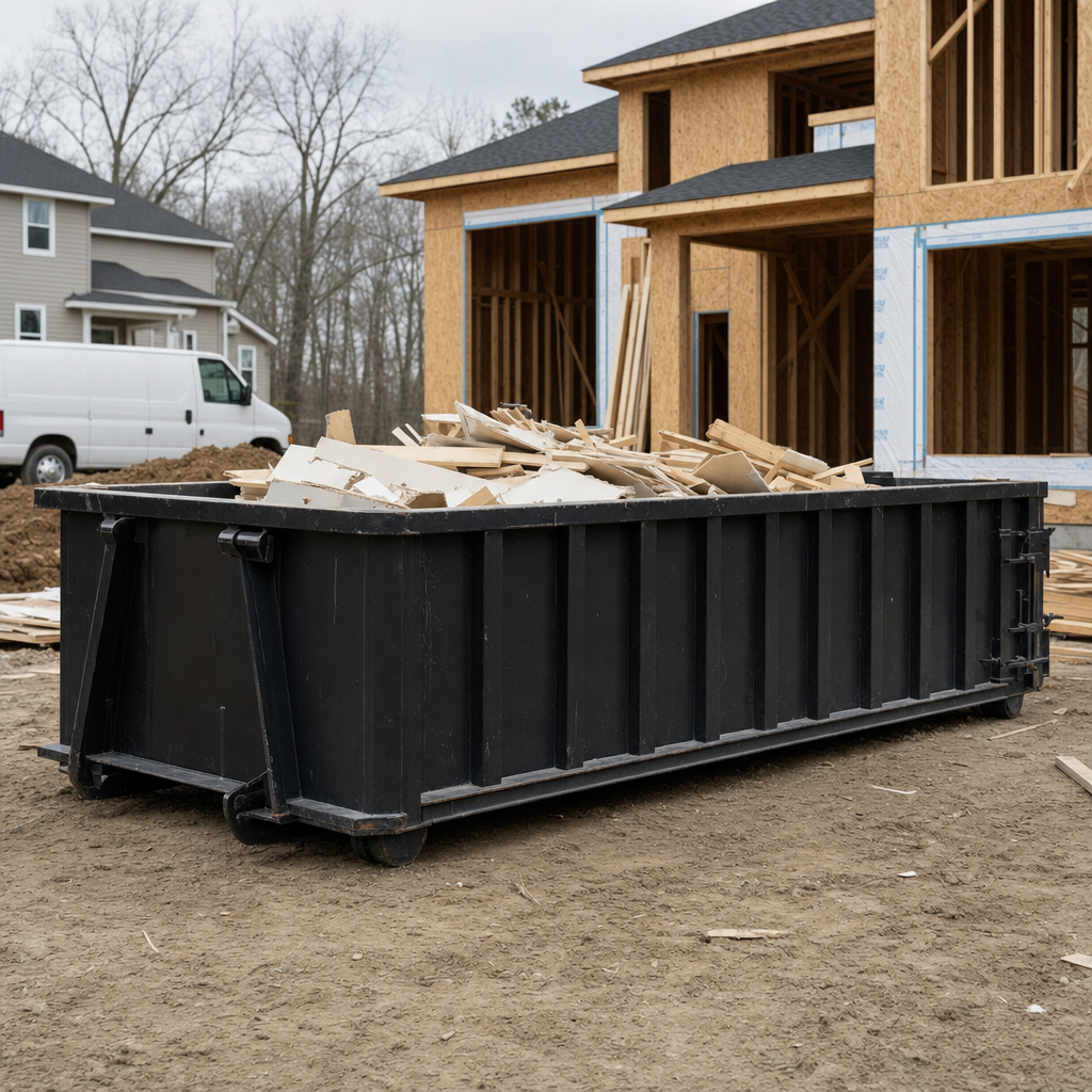 Worker in a yellow high-visibility vest tossing framing lumber and broken drywall into a matte-black 30-yard construction roll-off dumpster on an active build site in Greenville, bright daylight