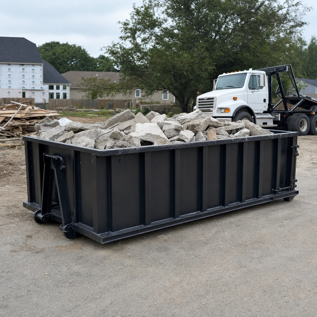 Low-profile matte-black lowboy roll-off dumpster loaded with broken concrete slab and rebar at a foundation tear-out in Greenville, skid steer parked beside it, sunny Colorado morning