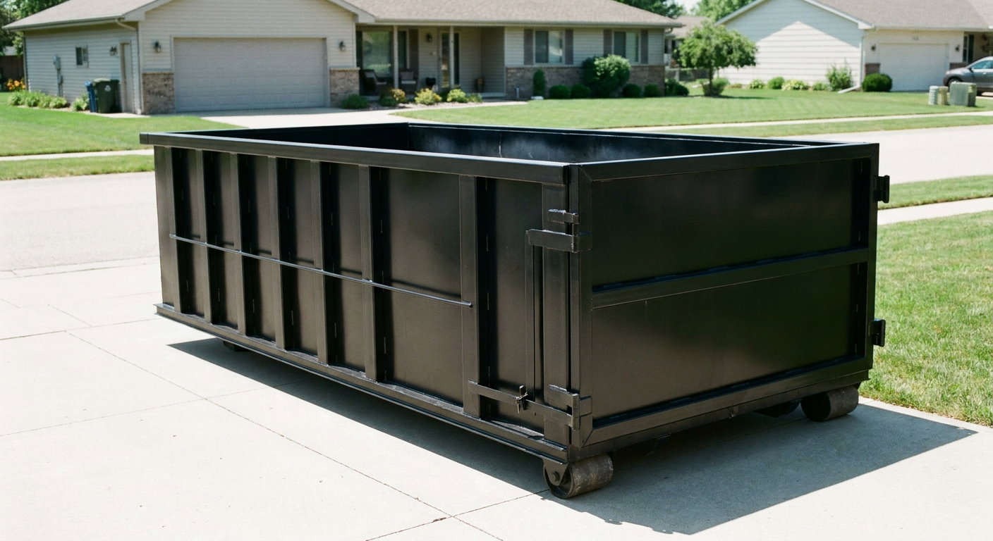 Matte-black 10-yard roll-off dumpster on a residential concrete driveway in Greenville, uniformly painted matte black across every panel and rail, ribbed steel sidewalls and rear swing door visible, mid-day daylight.