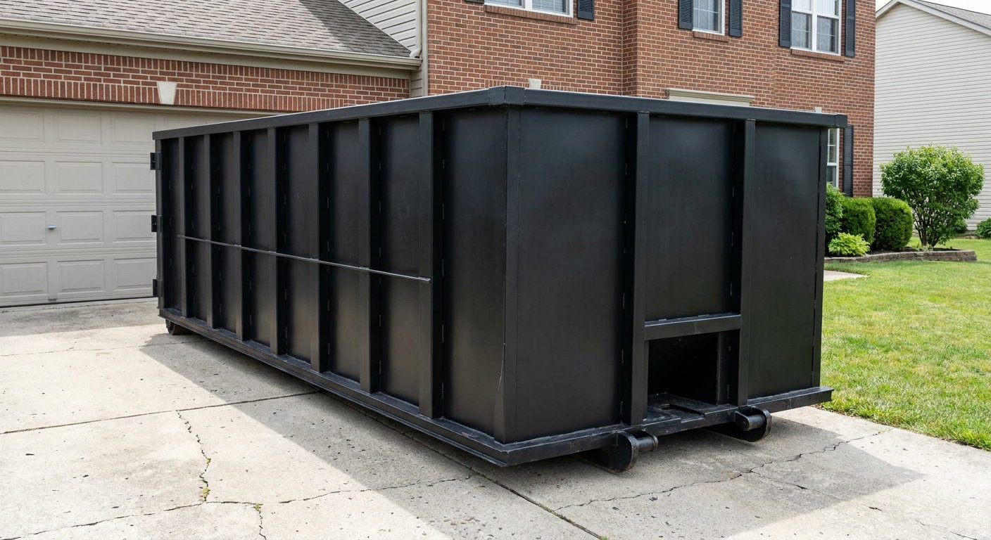 Matte-black 20-yard roll-off container on a Greenville residential concrete driveway with reinforced ribbed steel sidewalls and a hinged rear walk-in door, clean bright daylight.