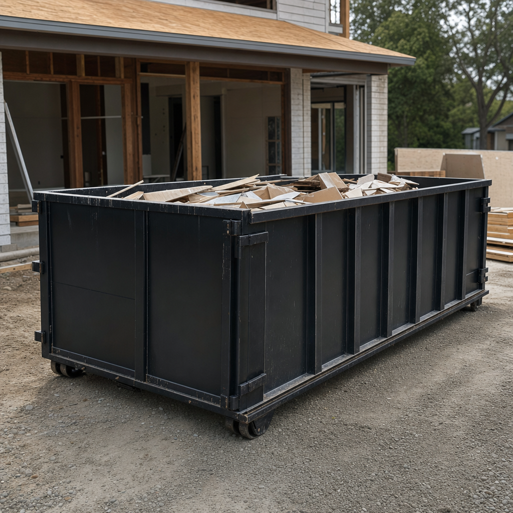 Large matte-black 30-yard construction roll-off dumpster at an active Greenville jobsite, steel-gray top rails and bottom rollers visible, loaded with construction debris.