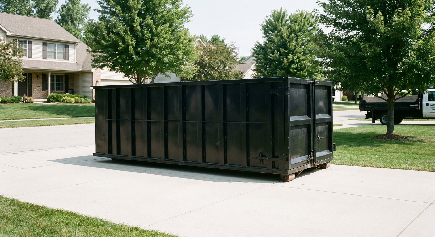 Matte-black 20-yard roll-off dumpster sitting level on a clean Greenville residential concrete driveway under bright daylight, demonstrating clean placement directly on the concrete.