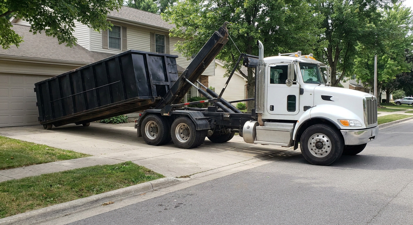 White-cab hooklift roll-off truck actively lowering a matte-black dumpster onto a Greenville residential concrete driveway, the dumpster's rear wheels touching the driveway as the hoist arm tilts the bed forward, mid-morning daylight.
