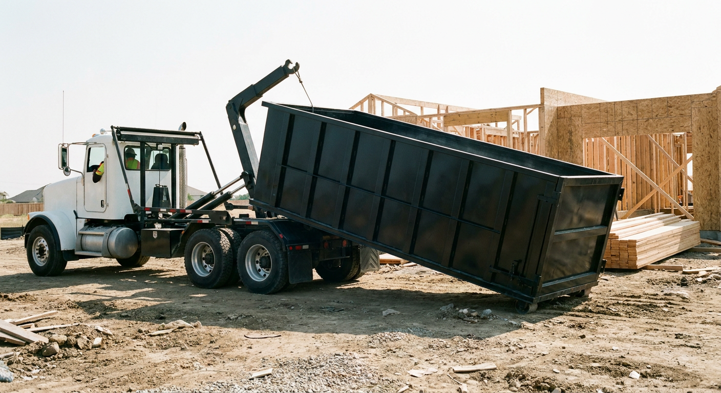 Matte-black roll-off dumpster being delivered onto a clean residential concrete driveway in Greenville by an unmarked white hooklift hauler truck, bright morning daylight, documentary 35mm perspective.