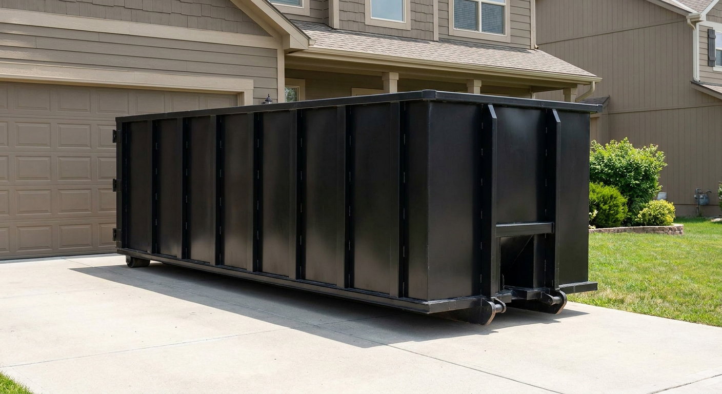 Matte-black residential roll-off dumpster sitting directly on a suburban Greenville concrete driveway, garage door closed, single-family home in background, bright morning daylight.