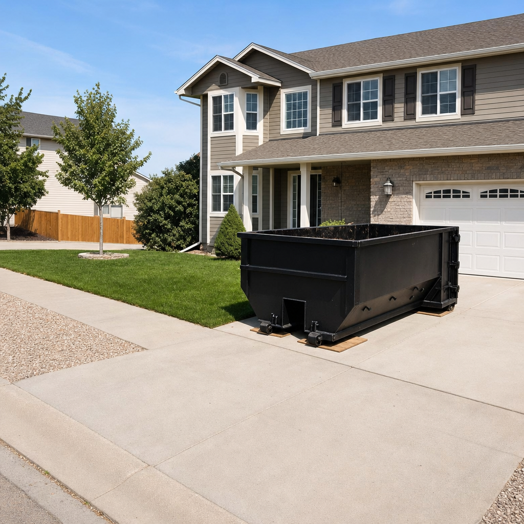 10-yard matte-black residential dumpster placed directly on a narrow Greenville concrete driveway, room remains for a parked sedan beside it, mid-morning natural light