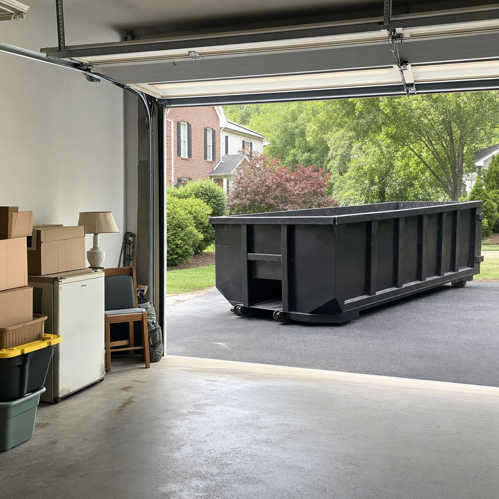 Open garage interior in a Greenville home mid-cleanout — boxed items, an old appliance, and stacked yard tools queued near the driveway for a matte-black roll-off dumpster, organized and calm