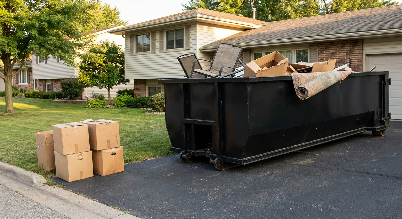 Front-yard view of a Greenville split-level home with a 20-yard matte-black roll-off dumpster sitting directly on the asphalt driveway, a few clearly labeled donation boxes staged at the curb, calm sunny afternoon.