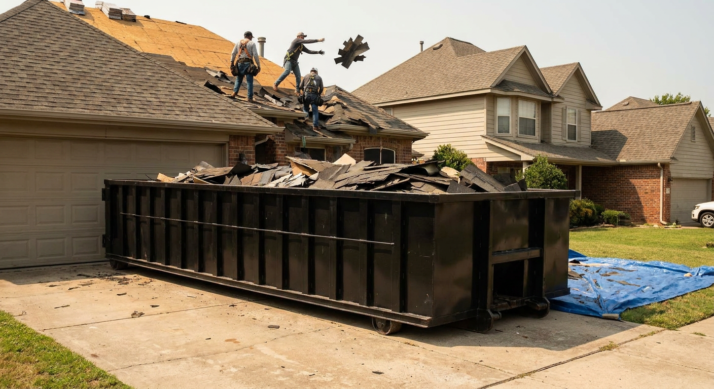 Matte-black roofing roll-off dumpster placed directly on a Greenville residential concrete driveway, a tear-off crew on a two-story asphalt-shingle roof tossing shingle bundles into the low-walled container, bright daylight, documentary 35mm perspective.