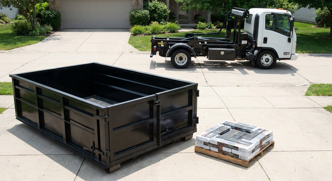 Matte-black 15-yard roofing roll-off dumpster with reinforced low side walls sitting directly on a Greenville residential concrete driveway, three-tab asphalt shingle bundles stacked nearby, an unmarked white hauler truck partially visible at the edge of the frame.