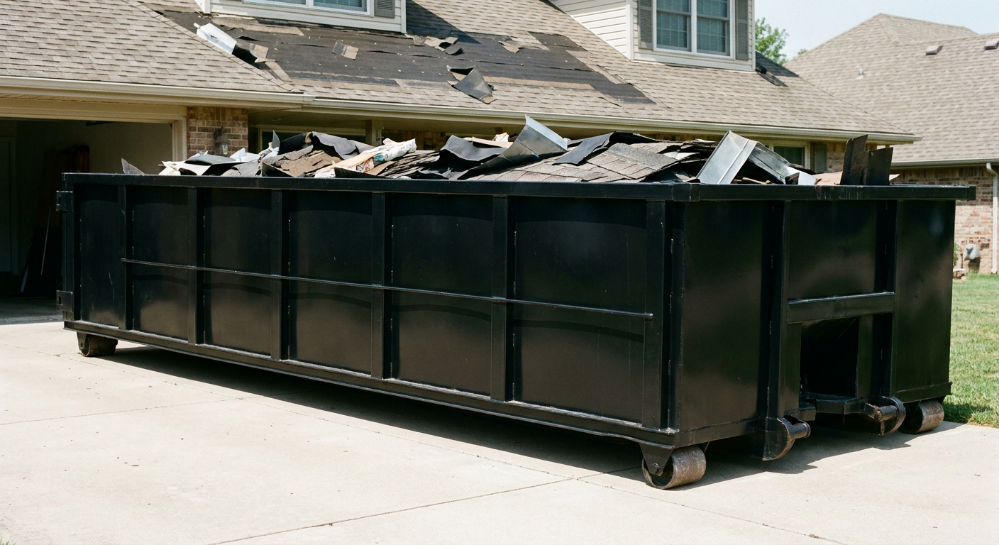 Matte-black 20-yard roofing roll-off dumpster with steel ribbed sides and swinging rear door, sitting directly on the concrete driveway of a two-story Greenville home, asphalt shingle debris being loaded over the low wall, clean documentary lighting.
