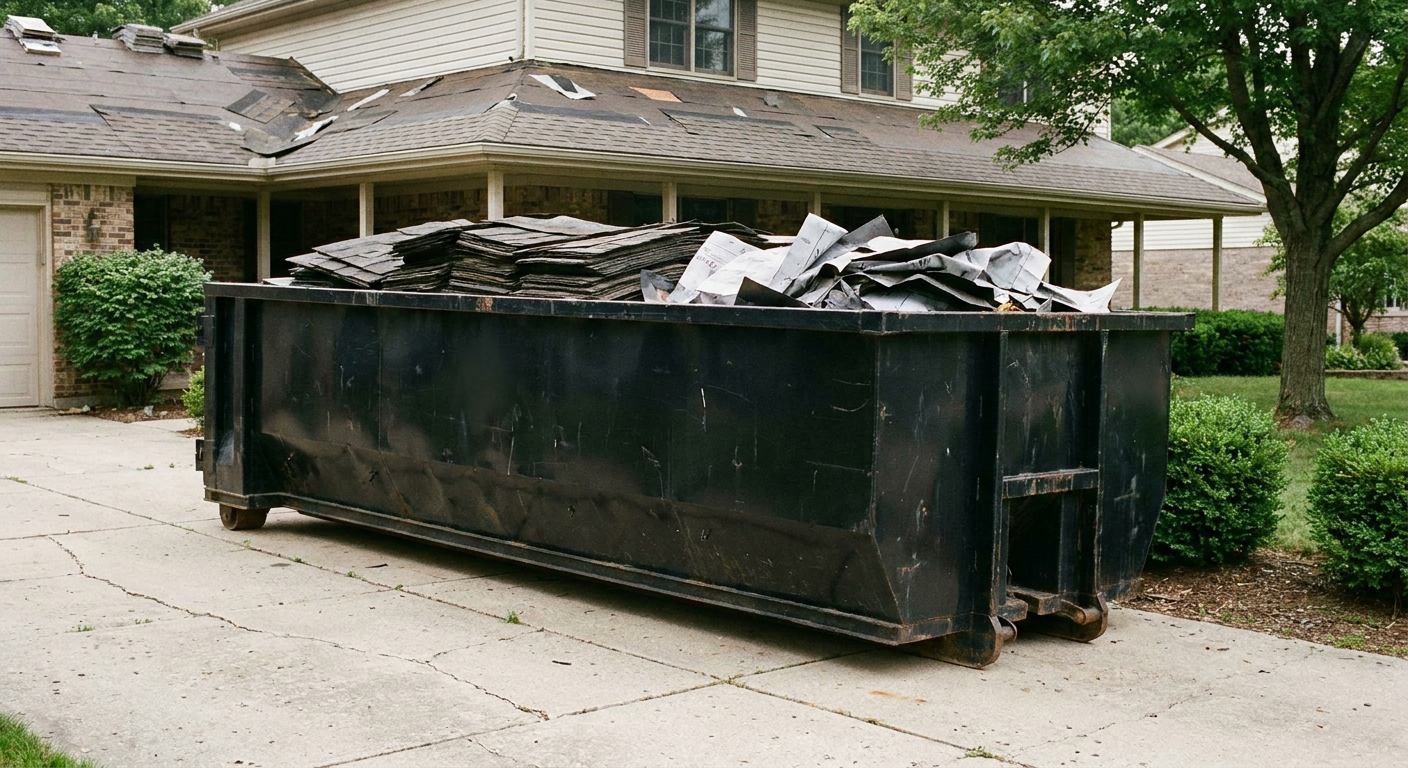 Matte-black 30-yard roofing roll-off dumpster sitting directly on a Greenville concrete driveway, taller ribbed steel side panels, mixed tear-off debris of asphalt shingles and underlayment inside, professional documentary daylight.