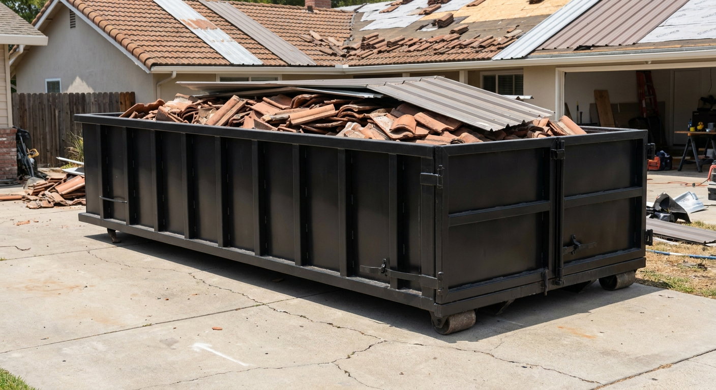 Matte-black low-wall heavy-debris roofing roll-off dumpster sitting directly on a Greenville concrete driveway, broken concrete clay roof tiles and metal panel sections loaded inside, reinforced ribbed steel side walls visible, bright outdoor daylight.