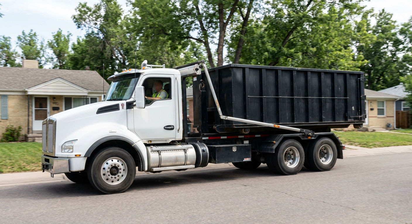 A wide documentary shot of a matte-black roll-off delivery truck pulling onto a quiet Greenville residential street at mid-morning, with neighborhood rooftops and tree-lined blocks visible behind, showing the metro coverage footprint.