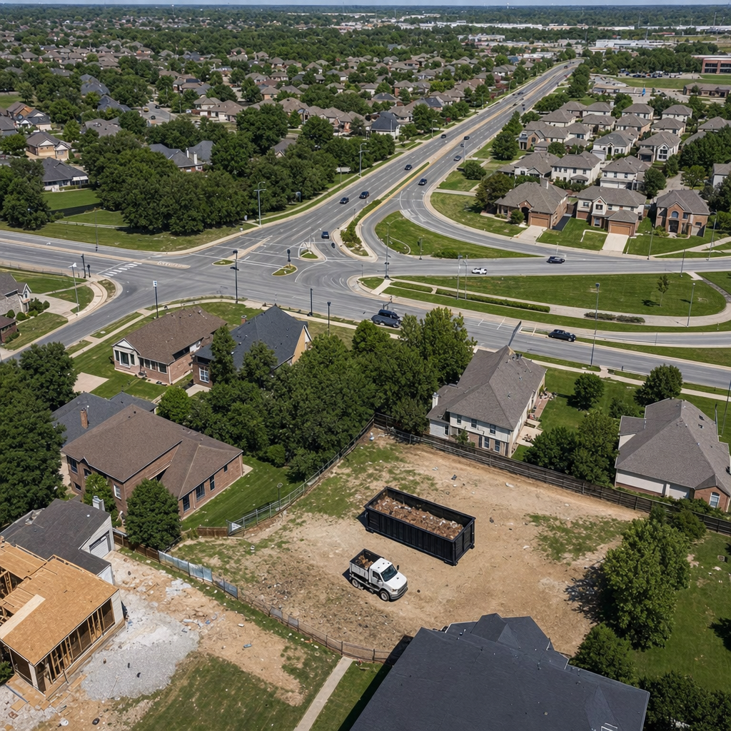 An overhead documentary view of the Greenville metro area at midday, showing the spread of neighborhoods, arterial roads, and the dispatch radius from a central yard — clean daylight, organized geographic layout.