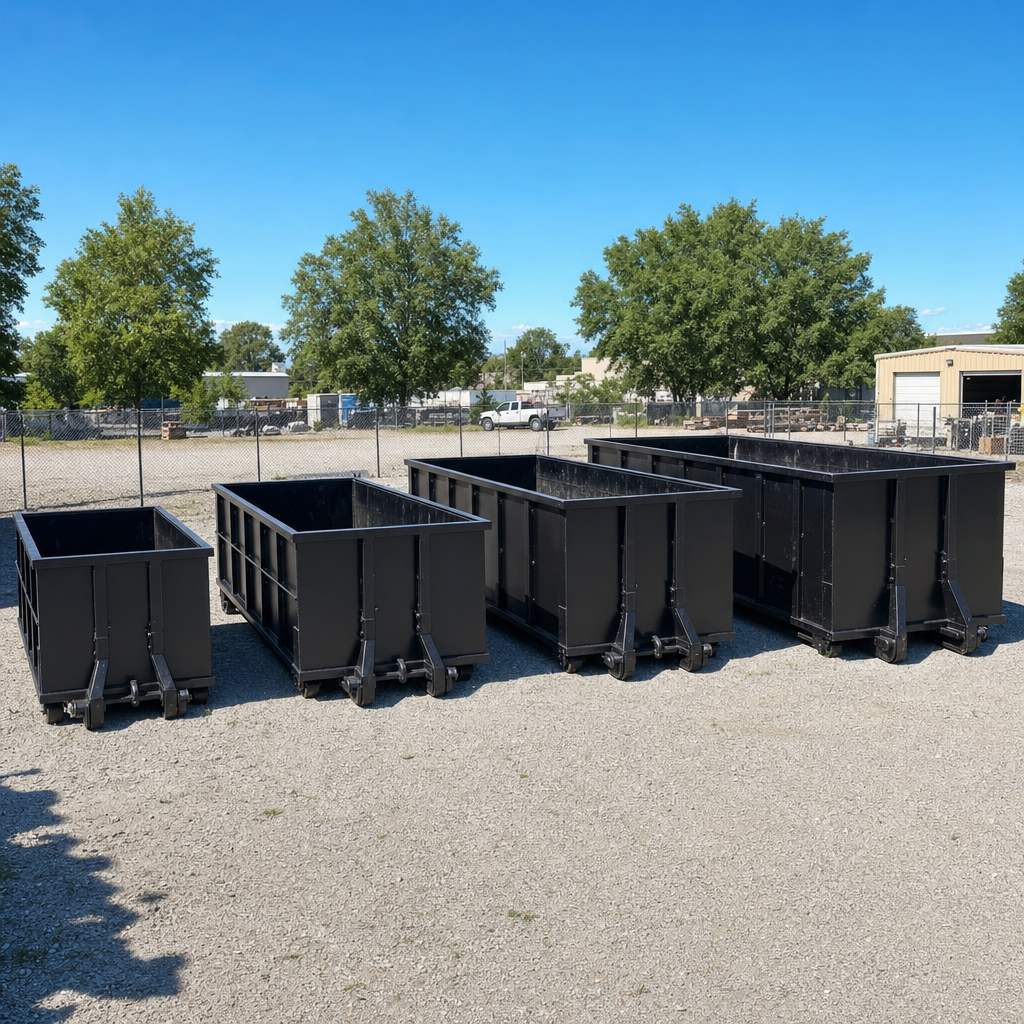 A clean lineup of matte-black roll-off dumpsters in 10, 20, 30, and 40-yard sizes staged on a sunlit gravel yard in Greenville, showing the size progression from compact to commercial-scale containers.