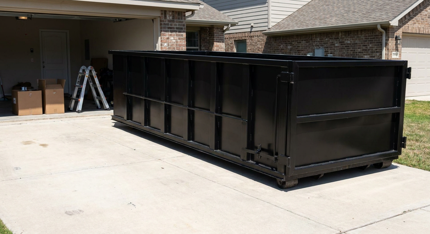 A matte-black 10-yard roll-off dumpster sitting directly on a residential Greenville concrete driveway, mid-day sunlight, clean and ready for a garage cleanout.