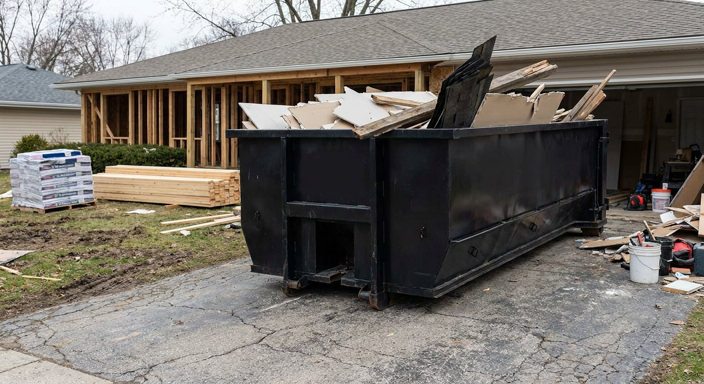 A matte-black 20-yard roll-off dumpster placed alongside a mid-renovation Greenville home directly on the asphalt driveway, with framing materials and torn-off shingles staged neatly nearby.