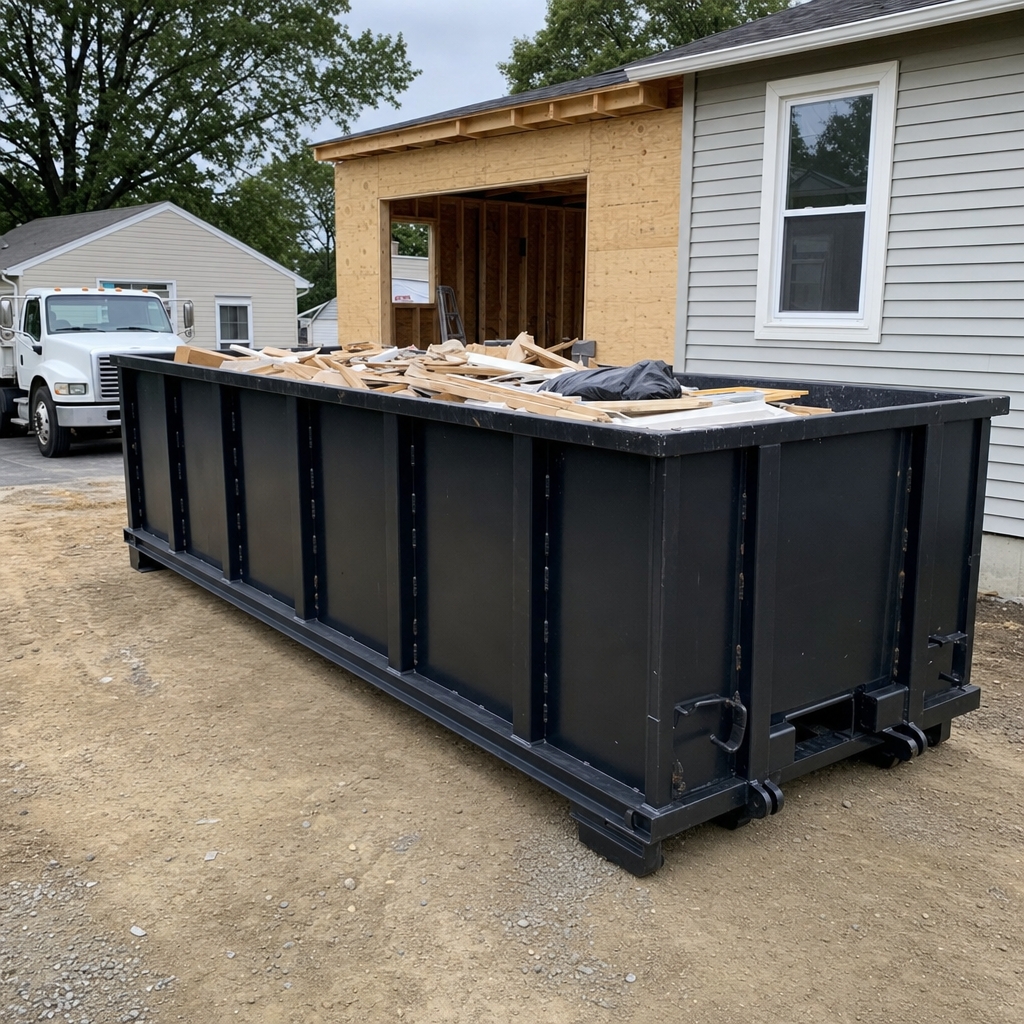 A matte-black 30-yard roll-off dumpster positioned at a Greenville residential addition jobsite, with framing lumber and drywall scraps loaded through the open swinging rear doors.