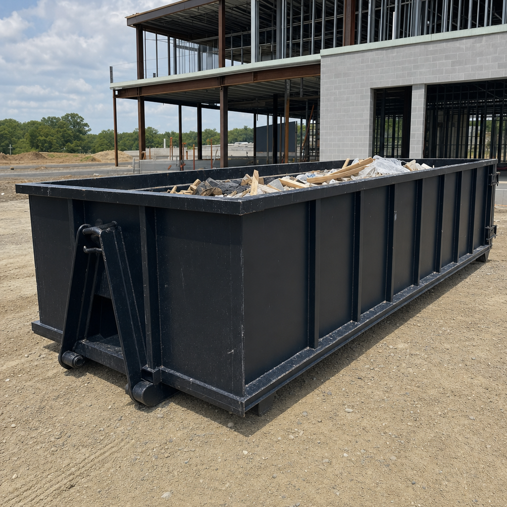 A matte-black 40-yard roll-off dumpster staged on a large Greenville commercial construction lot, with a hooklift delivery truck parked alongside under bright midday sky.