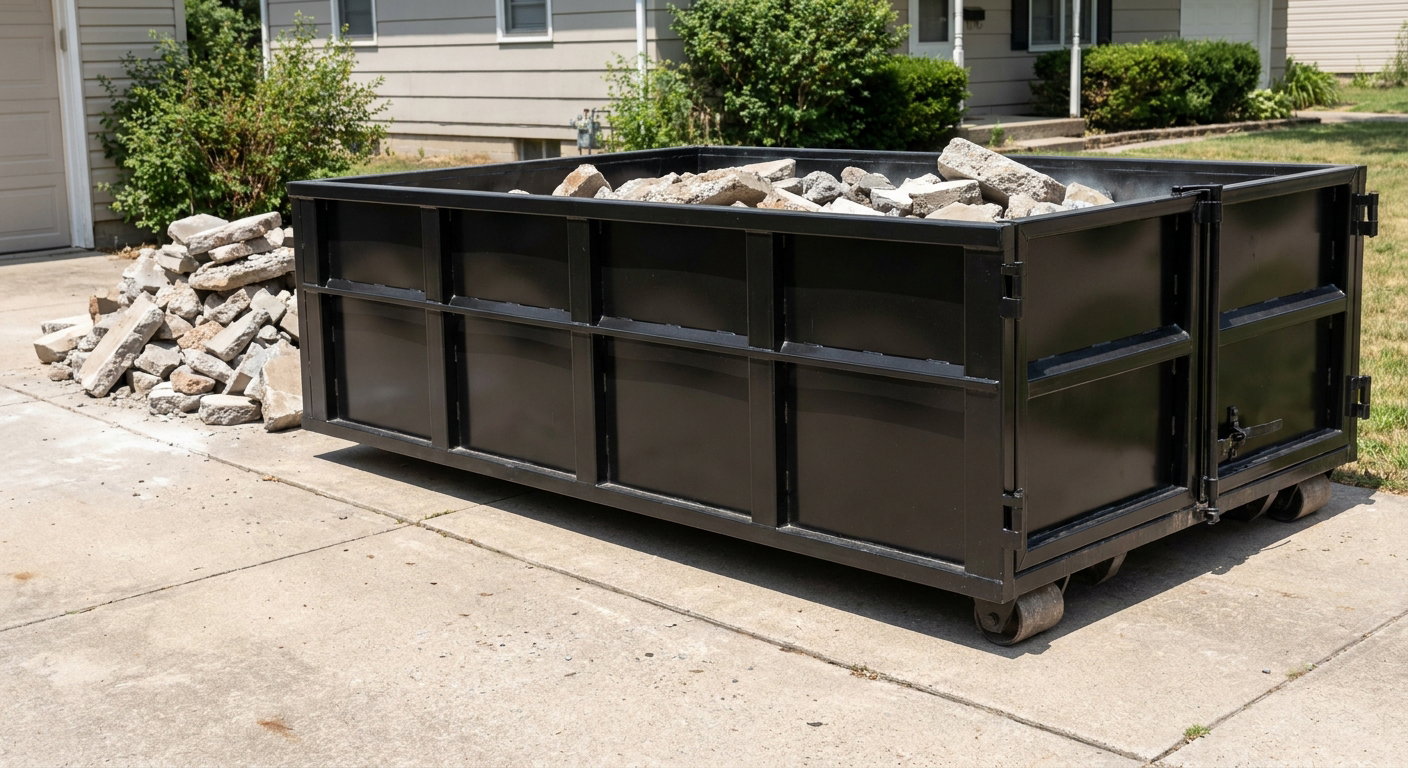 A matte-black low-side heavy-debris roll-off dumpster placed directly on a Greenville concrete driveway, with broken concrete chunks neatly stacked beside it under clean daylight.